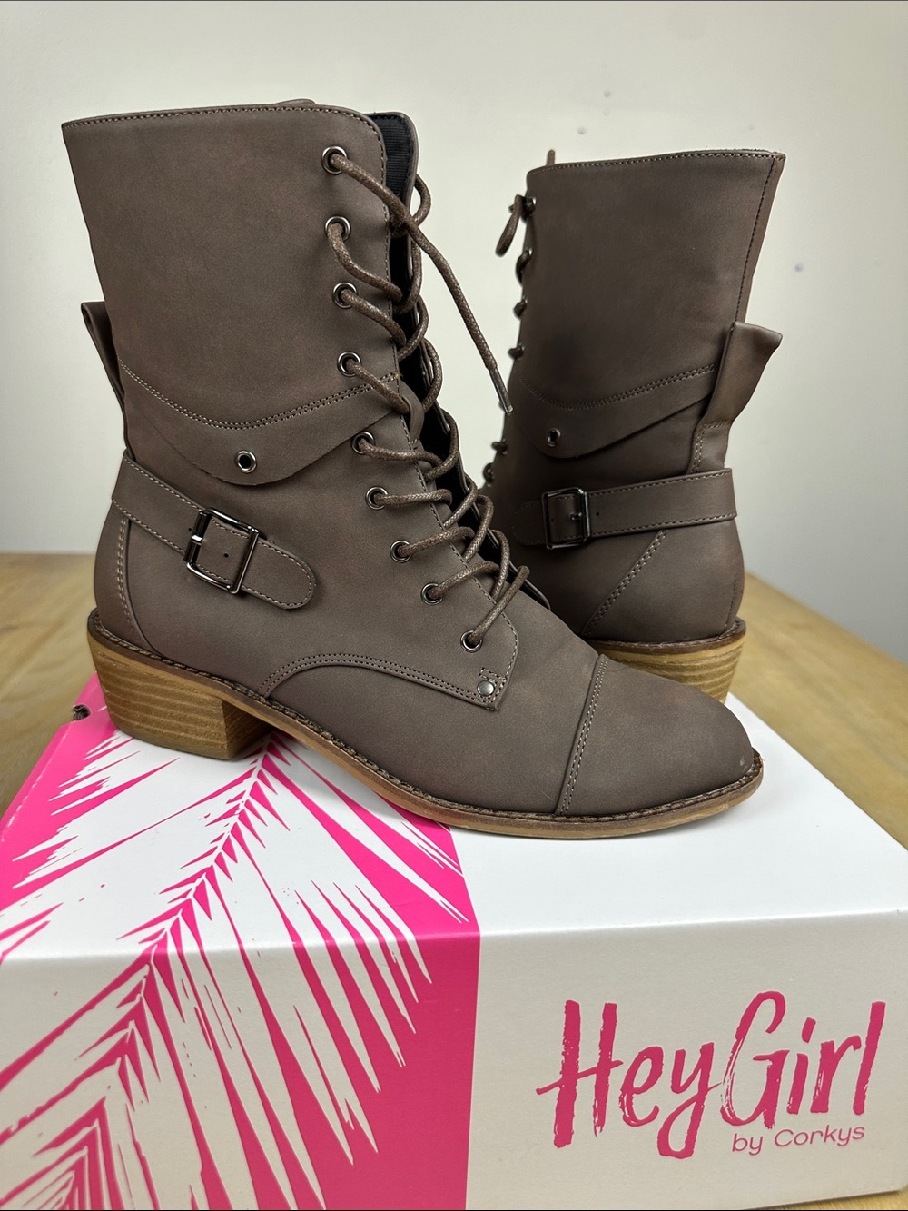 Corkys Taupe-Brown Hocus Pocus Lace-Up Buckle Combat Boots